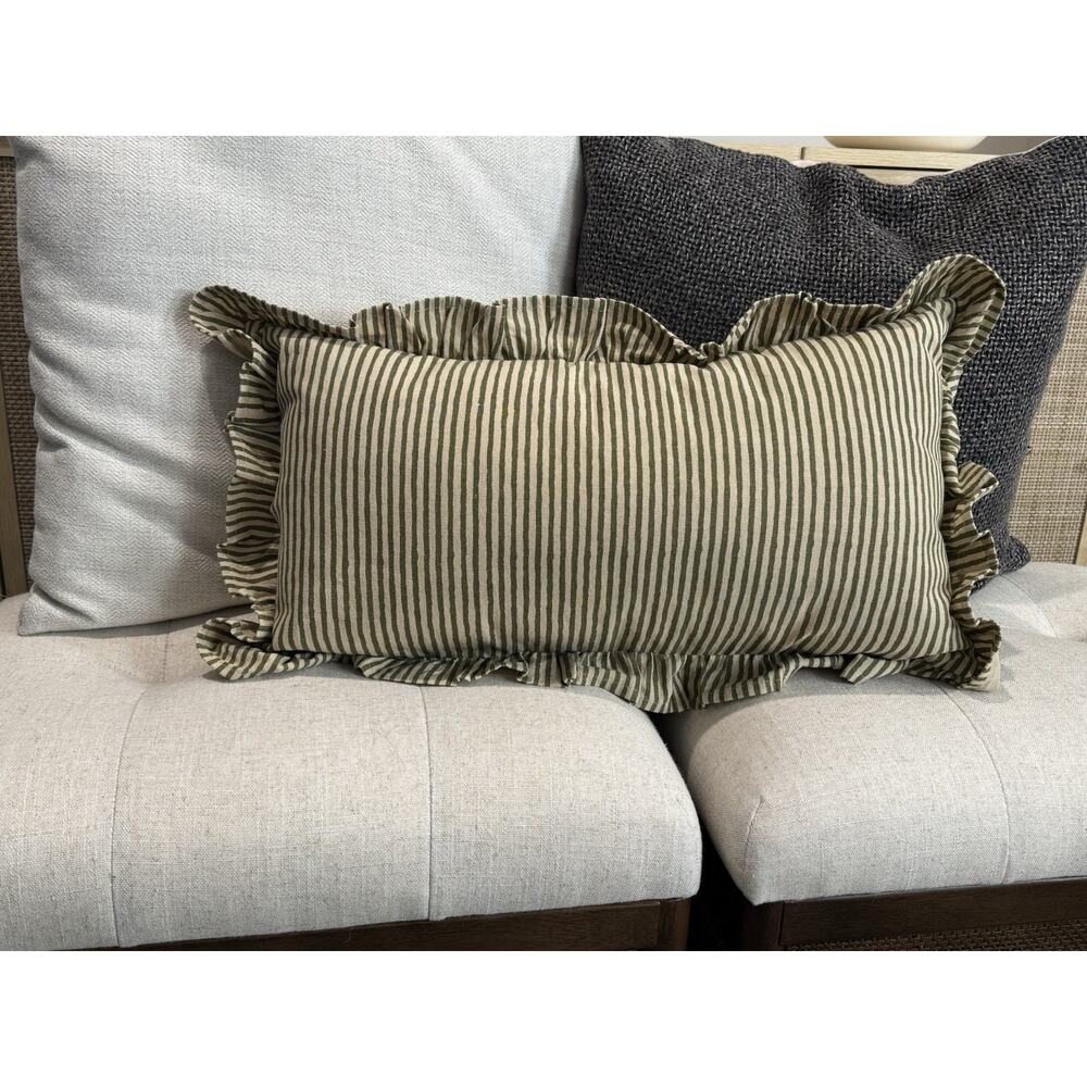 New Cottage Farmhouse Vintage Olive Green Stripe Ruffle Lumbar Accent Pillow - Picture 2 of 13